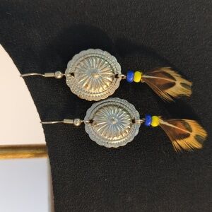 💛 First Nations Design drop dangle earrings blue yellow bead real feather